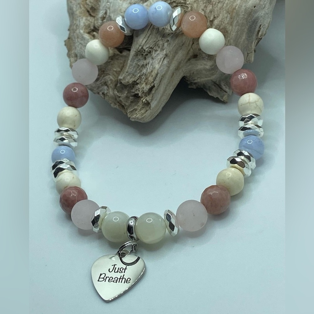 Multicolor semiprecious stone Beaded Bracelet with Heart Charm ‘just breathe’